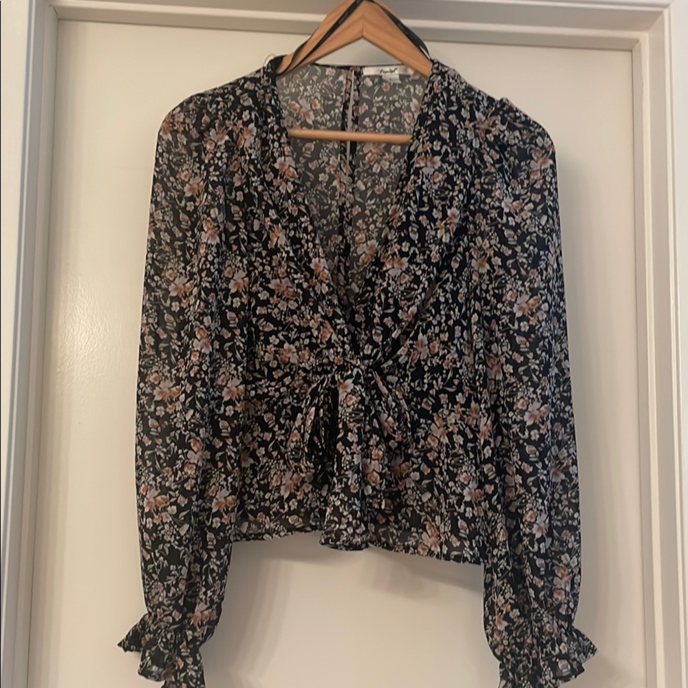 Papaya Black Floral Blouse with Beige and White Accents